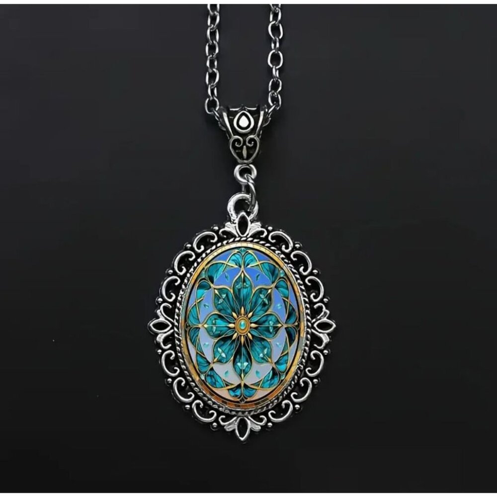 Victorian Style Blue Floral Oval Pendant Necklace Silver Tone